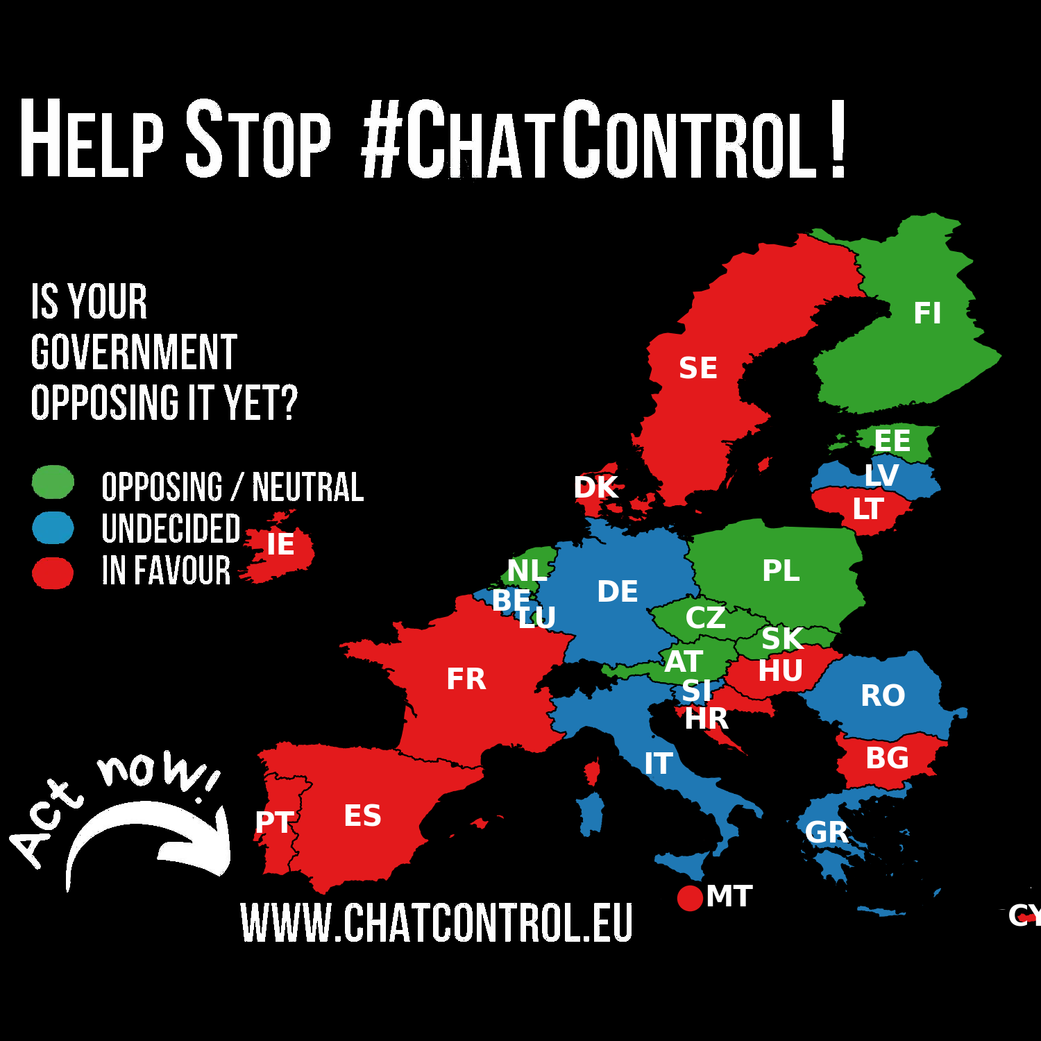 A map of Europe titled "Help Stop #ChatControl!" shows countries color-coded by their government's stance on Chat Control in 2025. The legend indicates: green for "Not in Favour," blue for "Undecided," and red for "In Favour." Countries in favour (red) are: Bulgaria, Croatia, Cyprus, Denmark, France, Hungary, Ireland, Lithuania, Malta, Portugal, Spain, and Sweden. Countries not in favour (green) are: Austria, Czechia, Estonia, Finland, Luxembourg, Netherlands, Poland, and Slovakia. Countries undecided (blue) are: Belgium, Germany, Greece, Italy, Latvia, Romania, and Slovenia. The map includes the text "Is your government opposing it yet?" and a call to action at the bottom: "Act now! www.chatcontrol.eu".