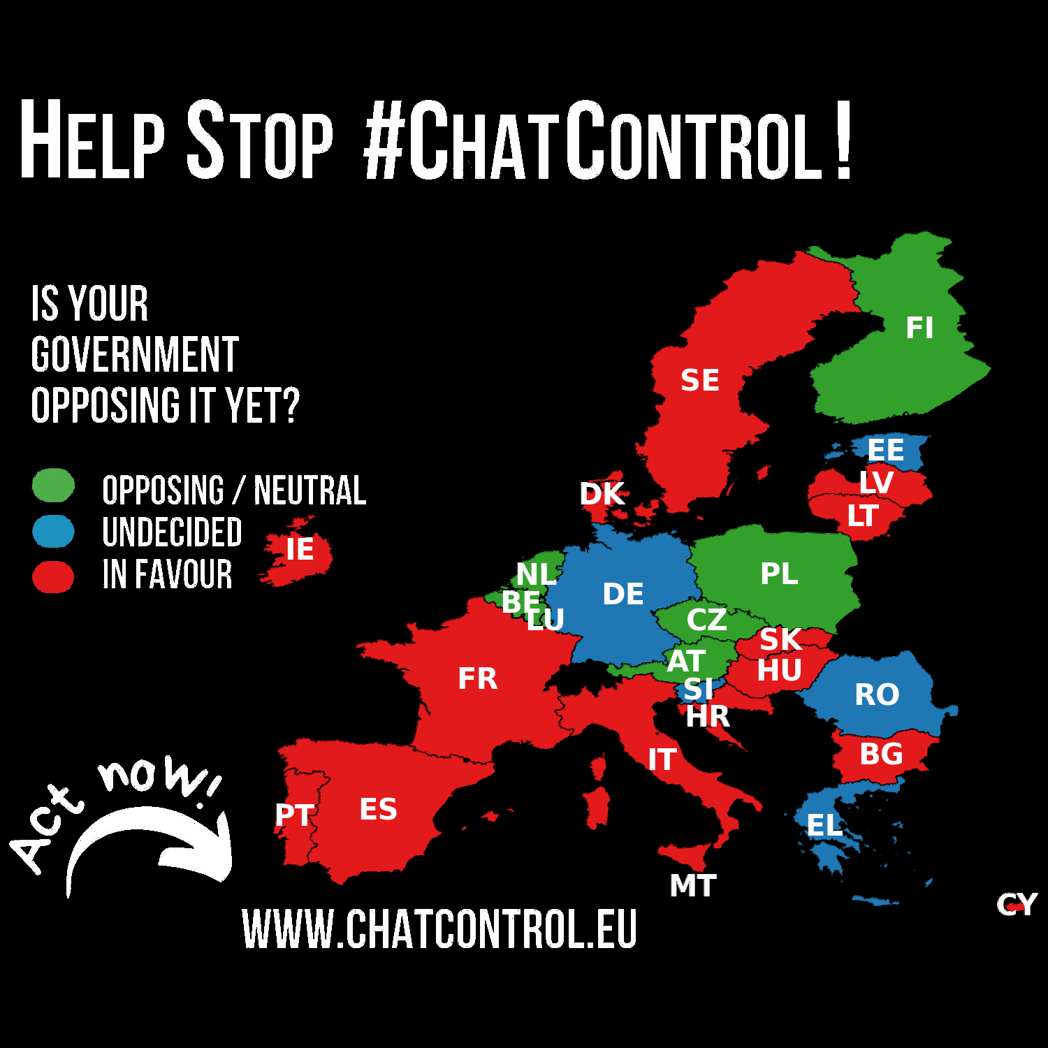 Eine Europakarte mit dem Titel „Help Stop #ChatControl!“ zeigt die Länder farblich nach der Haltung ihrer Regierung zur Chatkontrolle im Jahr 2025. Die Legende erklärt: Grün steht für „Dagegen/Neutral“, Blau für „Unentschieden/Unklar“ und Rot für „Dafür“. Folgende Länder sind dafür (rot): Bulgarien, Kroatien, Zypern, Dänemark, Frankreich, Ungarn, Irland, Italien, Lettland, Litauen, Malta, Portugal, Slowakei und Spanien. Folgende Länder sind dagegen/neutral (grün): Belgien, Finnland, Österreich, Luxemburg, Niederlande, Polen, Tschechien. Folgende Länder sind unentschieden/unklar (blau): Estland, Deutschland, Griechenland, Slowenien, Rumänien und Schweden (in Schweden ist die Zustimmung abhängig von der Parlamentsentscheidung). Am unteren Rand steht der Aufruf: „Act now! www.chatcontrol.eu“.